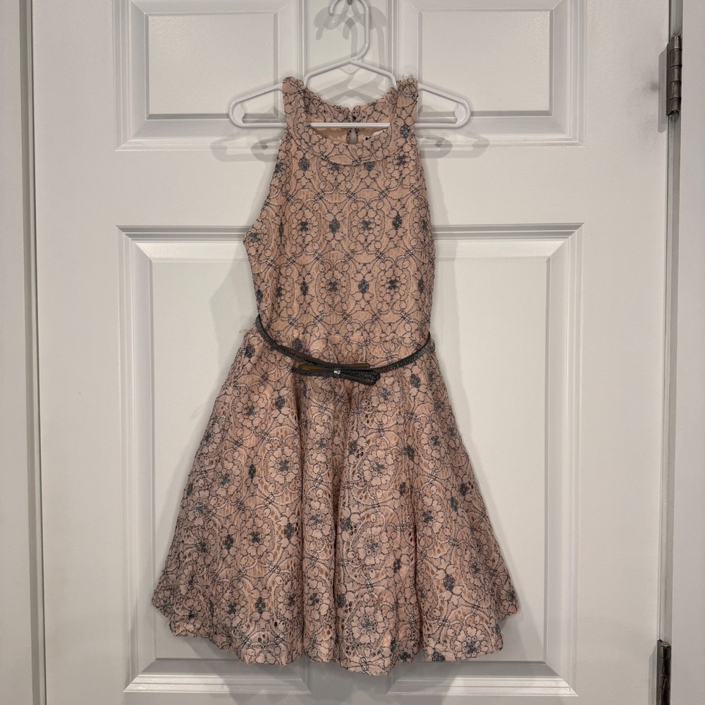 Knitworks Girls Peach Pink Floral Lace  Halter Dress with Belt Size 7